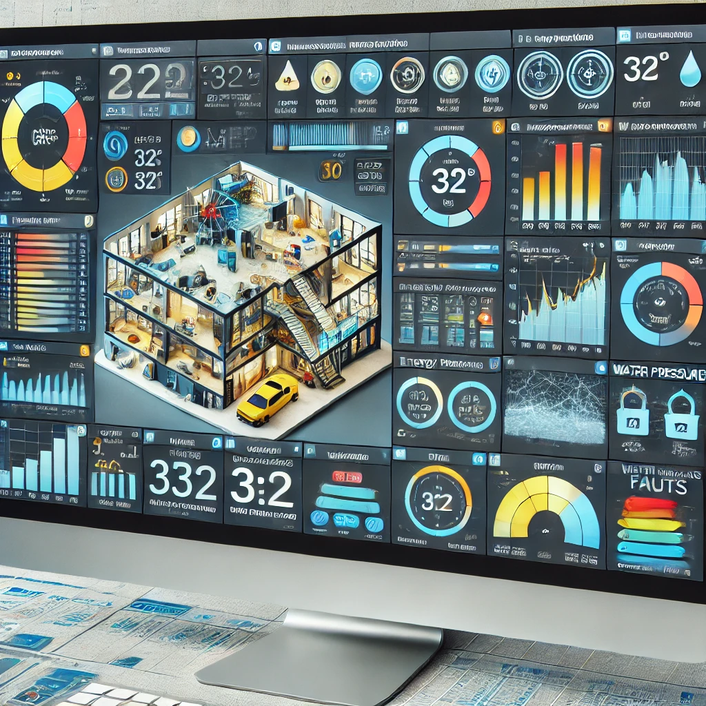 Computer screen displaying an advanced IoT system for MEP (Mechanical, Electrical, and Plumbing) monitoring. The interface shows real-time data visualizations, including temperature readings, HVAC system performance, energy usage graphs, water pressure levels, and system fault alerts. The screen features detailed charts, live status indicators, and a building map with highlighted areas for specific monitoring. 