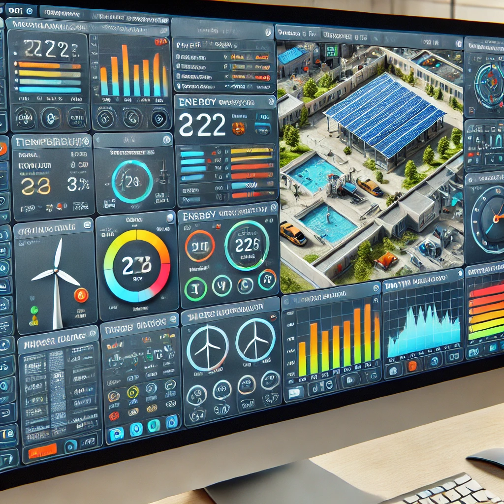 Computer screen displaying an advanced system for MEP (Mechanical, Electrical, and Plumbing) monitoring integrated with renewable energy sources. The interface shows real-time data visualizations, including temperature readings, HVAC performance, energy usage from solar panels and wind turbines, and water pressure levels.