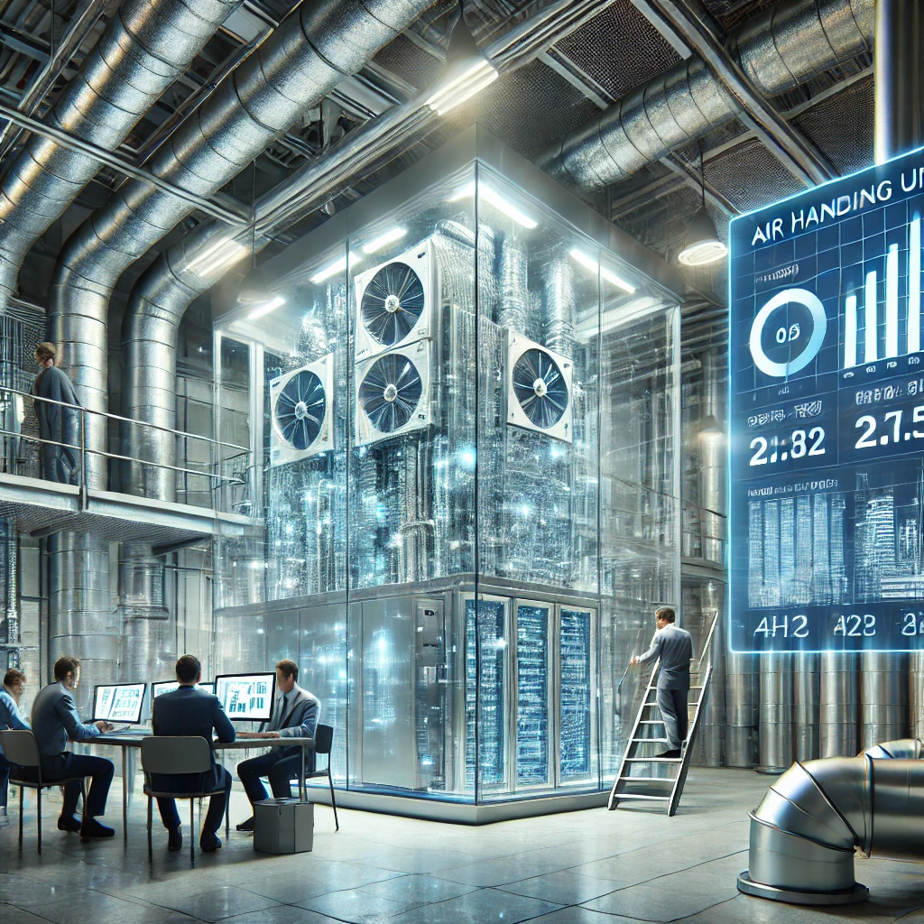 Image of a modern mechanical room featuring a well-maintained Air Handling Unit (AHU) system with connected ductwork. Engineers are monitoring performance data on digital screens, showcasing how the AHU optimizes ventilation, temperature control, and energy efficiency. 