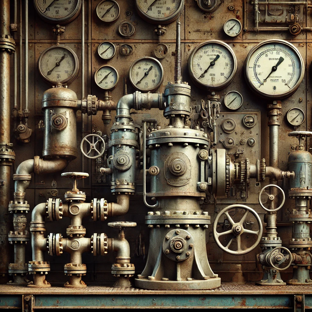 An image of an old fire pumping station with vintage equipment. The station features rusted metal piping, large water pumps, aged pressure gauges, and manual control valves. The industrial environment shows signs of wear, with old, faded safety signage and an overall weathered appearance.