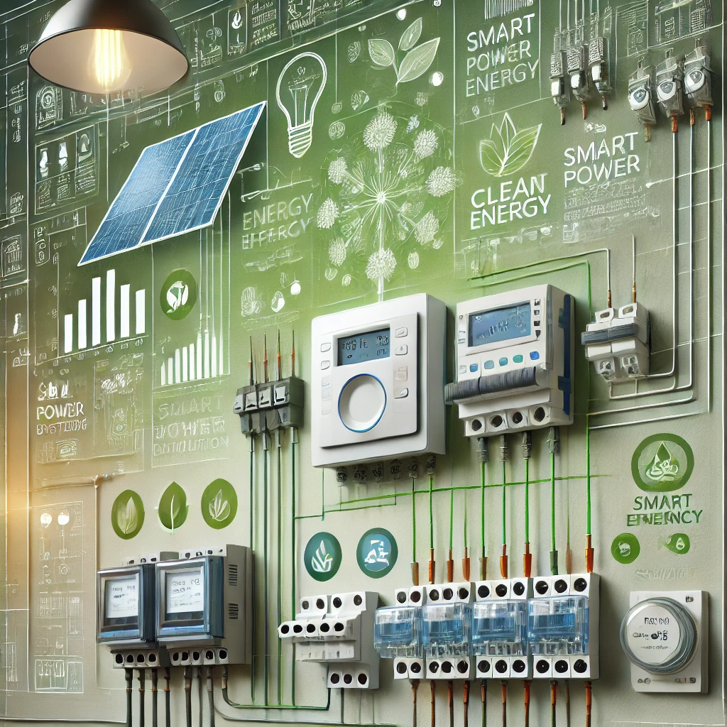 A detailed visualization of energy-efficient electrical systems in a modern building. The image features energy-efficient components like LED lighting, solar panels on the roof, smart power distribution systems, advanced circuit breakers, and electrical wiring. Smart meters and control panels are shown monitoring and optimizing energy usage