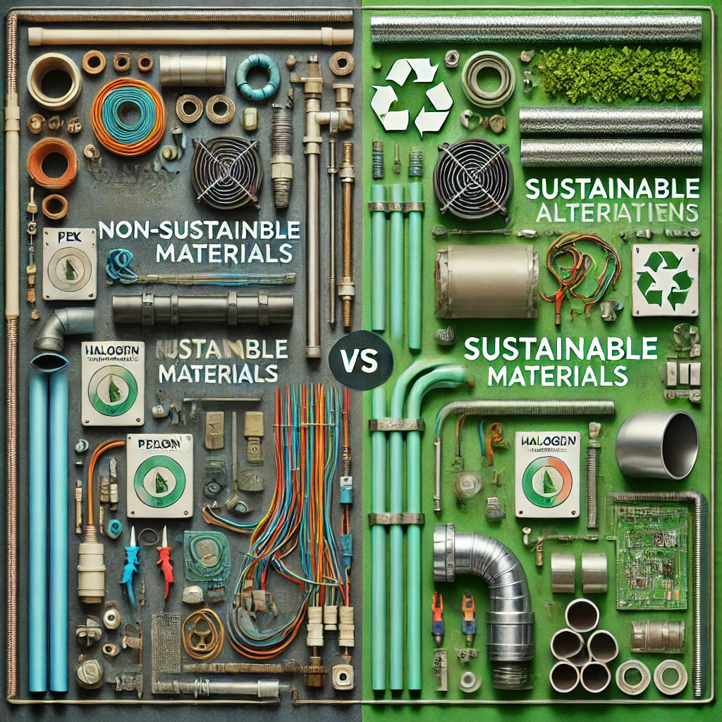 Divided image comparing non-sustainable and sustainable MEP materials. The left side features non-sustainable materials, including PVC pipes, traditional halogen-containing wiring, and standard metal ductwork, depicted in darker, industrial tones. The right side showcases sustainable alternatives such as PEX pipes, halogen-free wiring, and recycled metal ductwork, with bright, eco-friendly green tones.