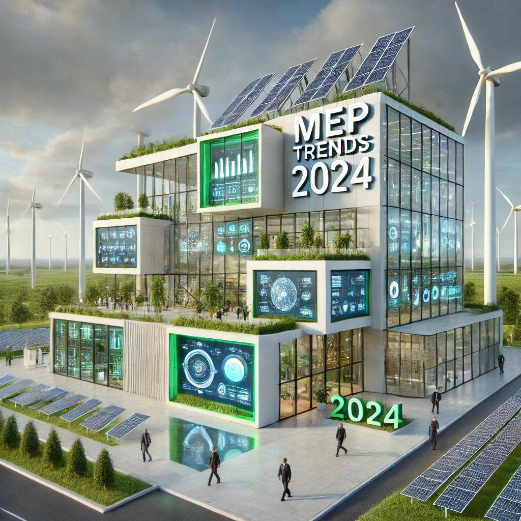 A futuristic building illustrating MEP (Mechanical, Electrical, and Plumbing) engineering trends for 2024. The building incorporates solar panels on the roof, nearby wind turbines, and green walls for sustainability. Inside, smart HVAC systems with visible IoT sensors are shown, alongside digital displays monitoring energy consumption and efficiency.