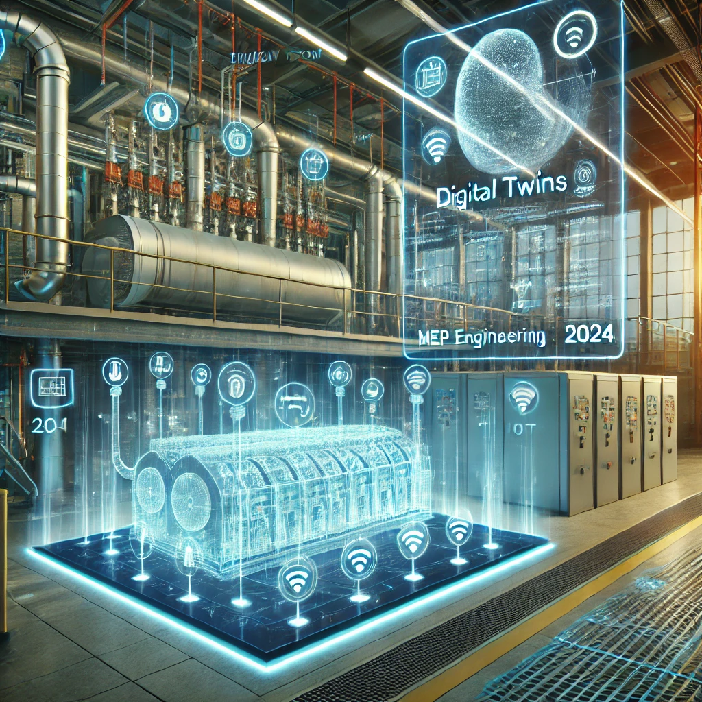 A futuristic scene demonstrating the concept of Digital Twins in MEP engineering for 2024. The image features a high-tech building with visible HVAC systems, electrical wiring, and plumbing. Adjacent to the physical systems are glowing, semi-transparent 3D holograms representing virtual replicas, or digital twins, of the real systems.