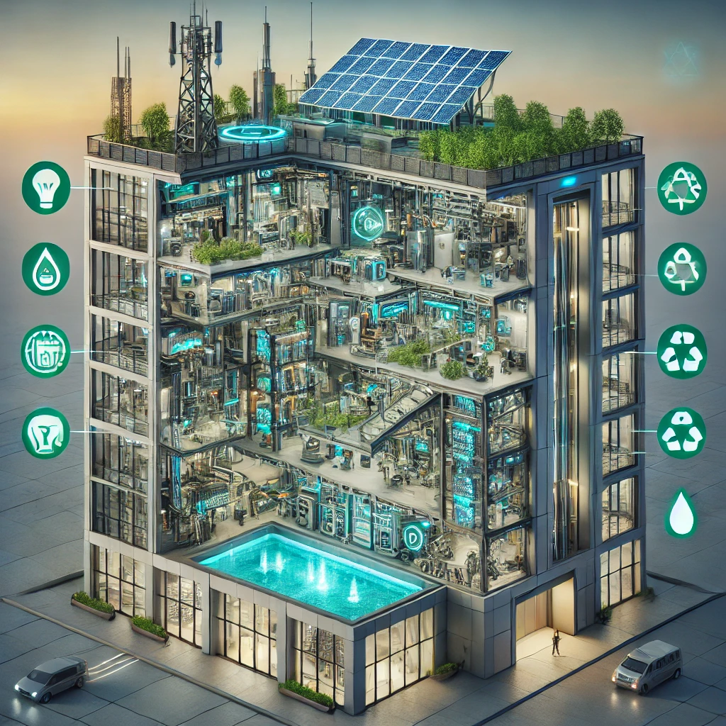 A modern high-rise building with a glass facade, featuring a cutaway view that showcases advanced MEP systems. The building’s interior displays HVAC systems, including VRF units and high-efficiency chillers, along with sustainable plumbing systems like greywater recycling and rainwater harvesting.