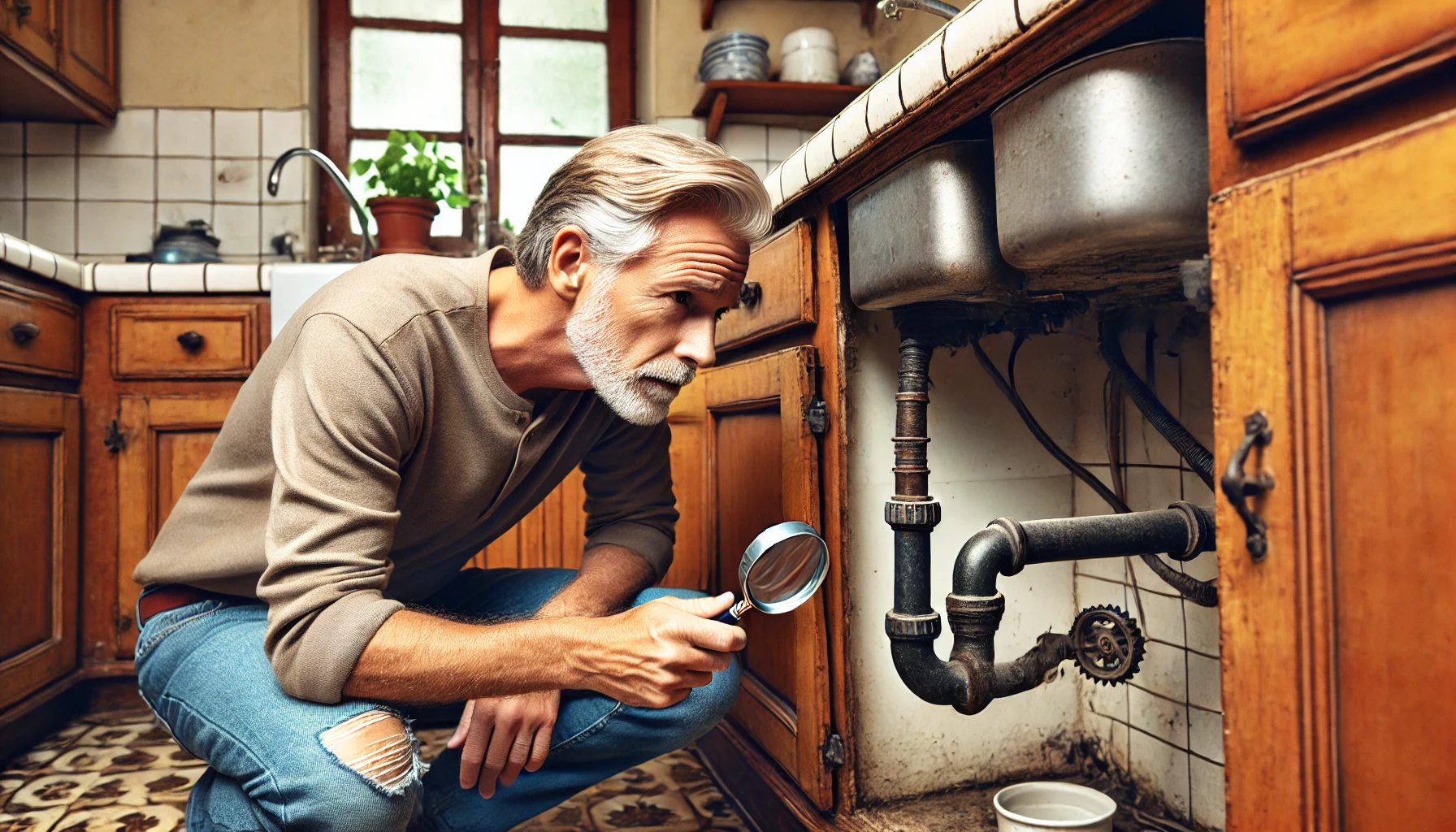 Homeowner inspecting a leaking pipe under a kitchen sink in an older home, dealing with plumbing maintenance.