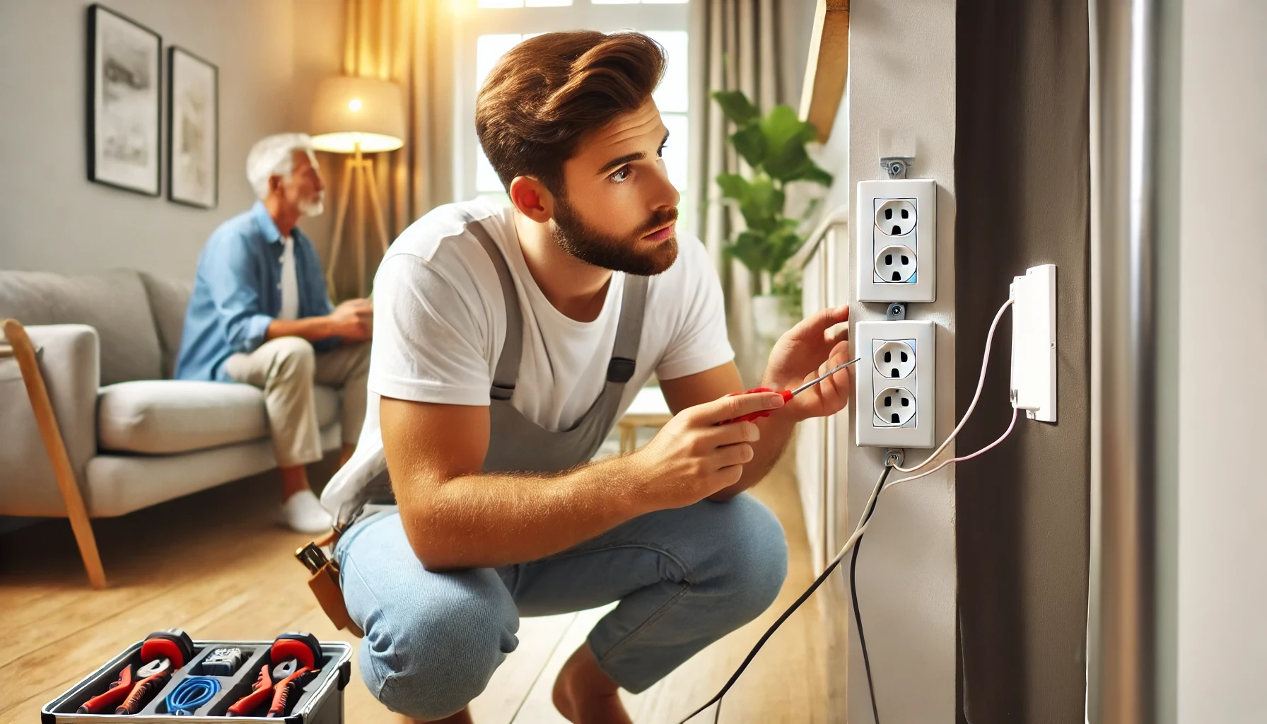 A homeowner inspecting electrical outlets and wires, ensuring everything is in good condition and following safety guidelines