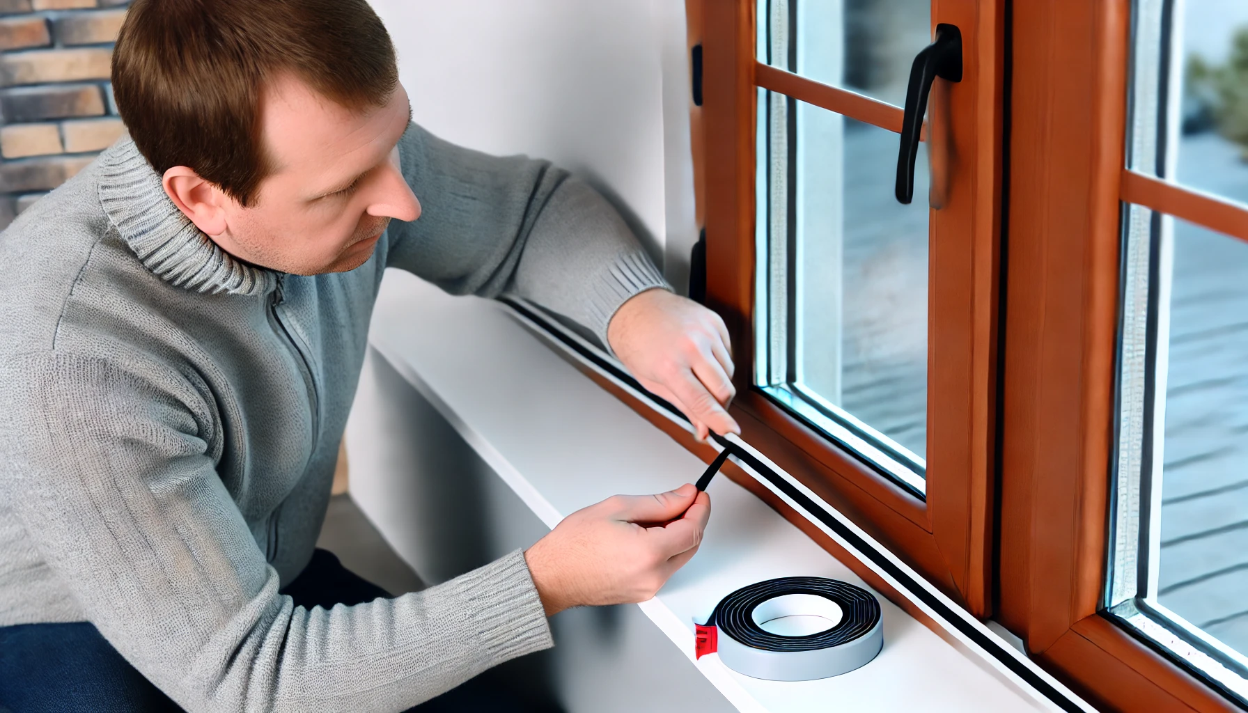 Homeowner sealing air leaks around a window using weatherstripping, reducing energy consumption.