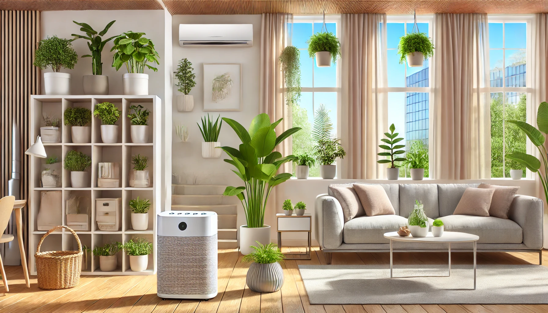 Living room with an air purifier, open windows, and houseplants to maintain good indoor air quality