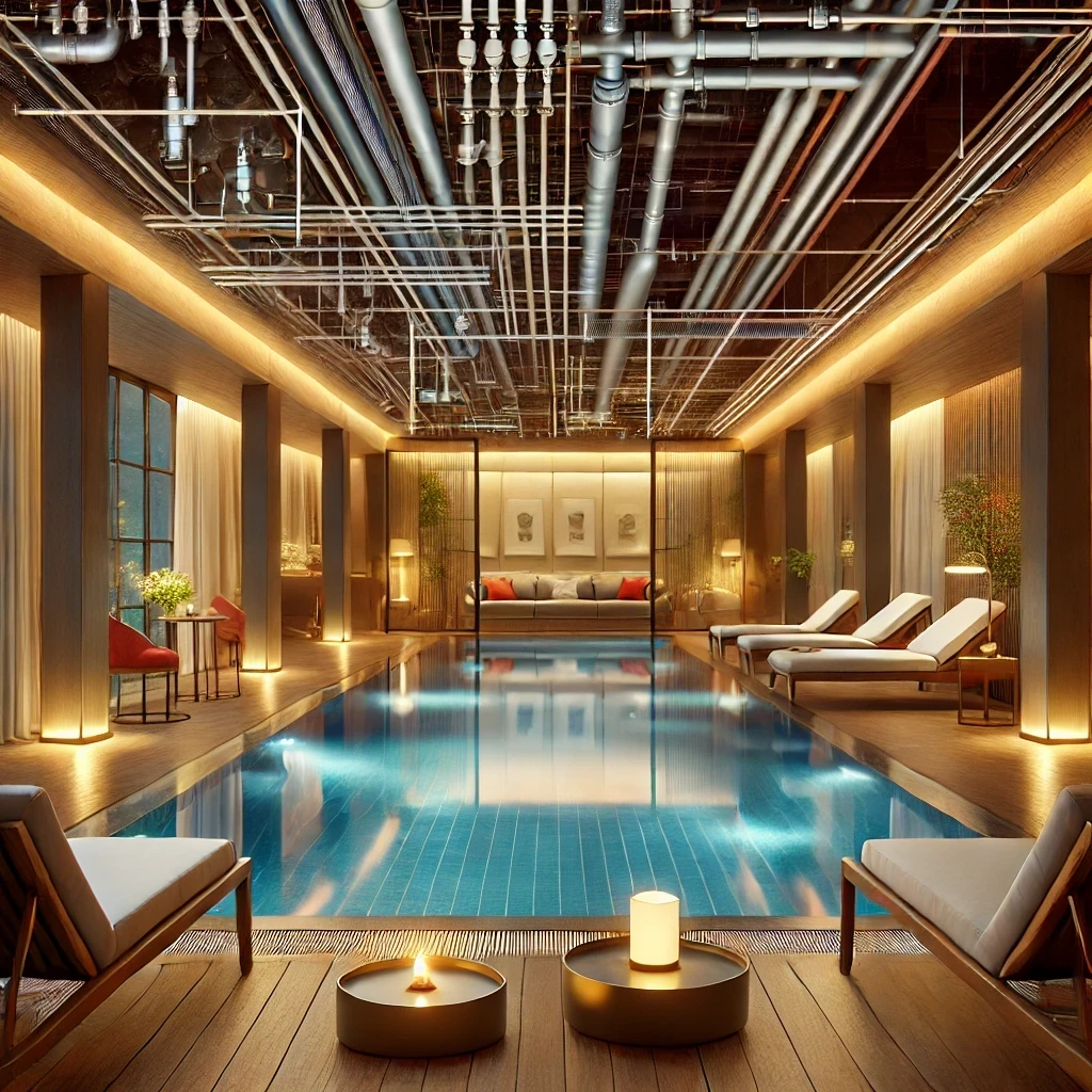 A view of a luxurious hotel spa area taken from behind lounge chairs, featuring a tranquil pool, ambient lighting, and elegant decor. The design is clean and seamless, with minimally visible MEP systems subtly integrated into the environment, ensuring a serene and upscale atmosphere.