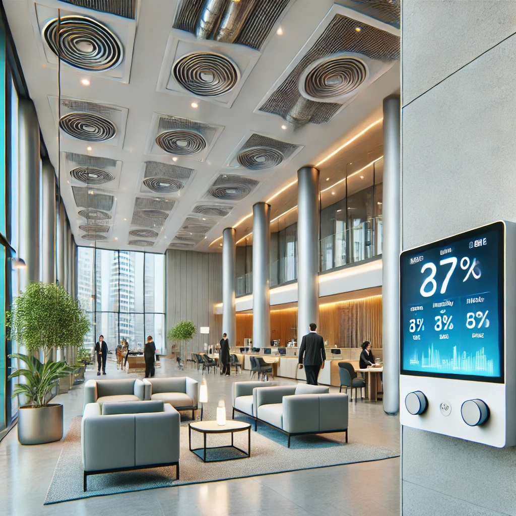 Modern bank setting with ceiling vents and air ducts distributing clean, climate-controlled air throughout the spacious lobby. A digital thermostat on the wall displays real-time temperature, humidity levels, and air quality indicators.