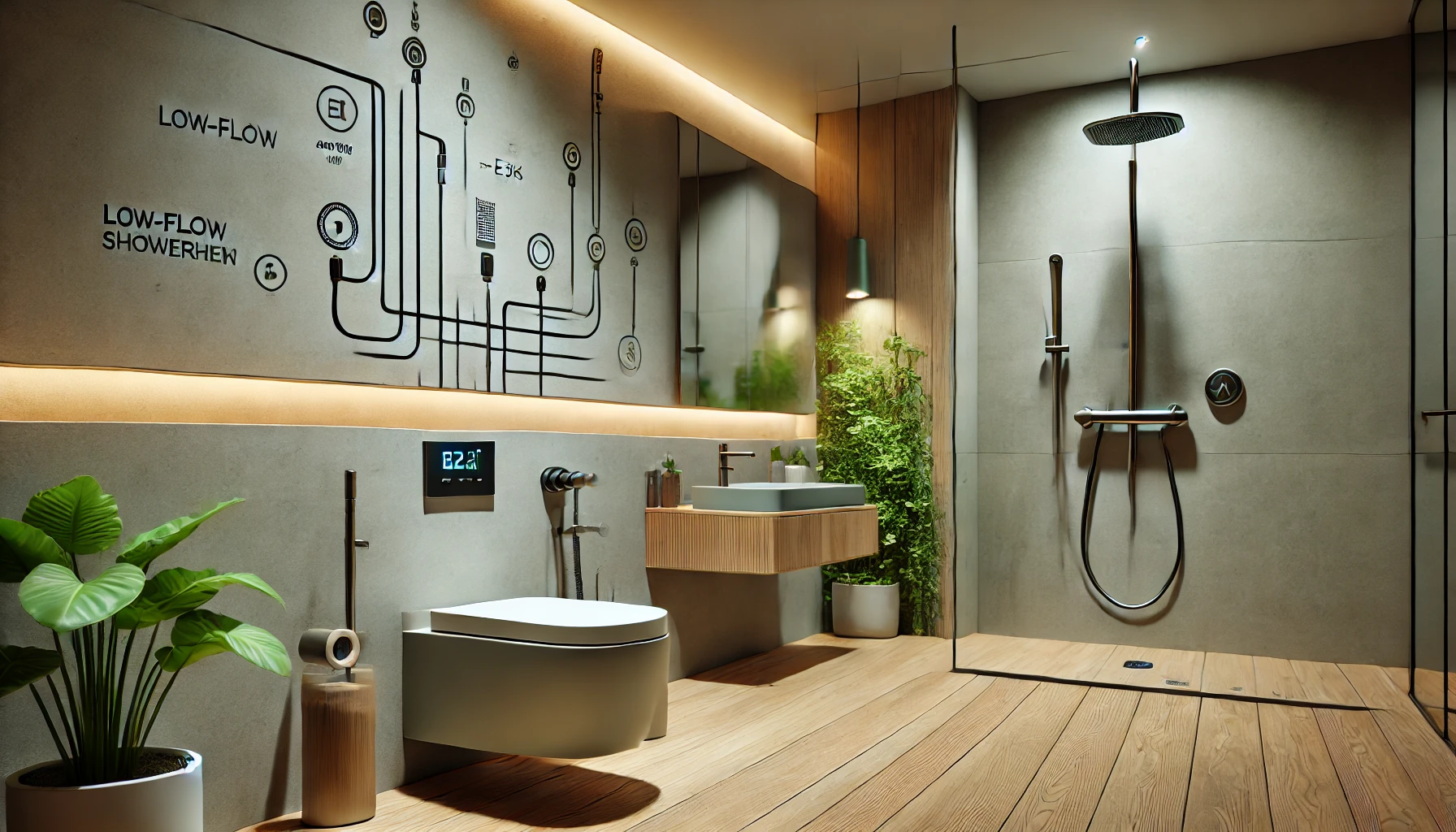 Modern bathroom with low-flow fixtures, including a faucet and showerhead, showcasing sustainable plumbing