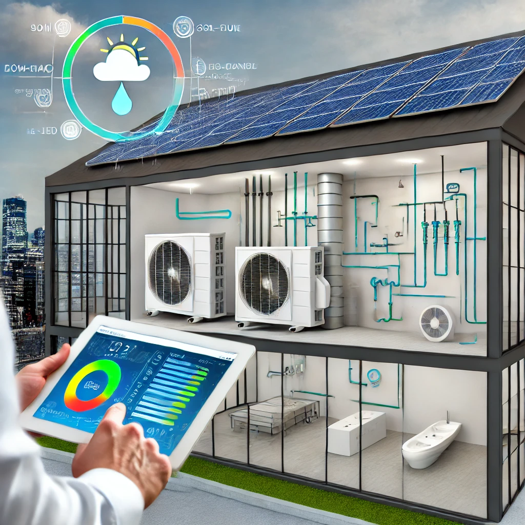 A modern building featuring sustainable MEP strategies with solar panels on the roof, LED lighting, and energy-efficient HVAC systems. Modular MEP components and low-flow water fixtures are visible, highlighting water conservation and efficient resource use. An engineer uses a tablet with a BIM interface, showcasing system diagnostics and energy monitoring for optimal performance.