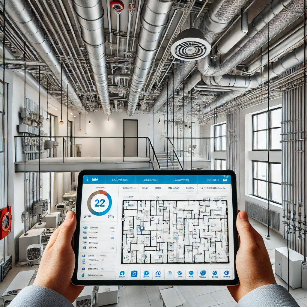 Interior of a modern building showcasing simple MEP (Mechanical, Electrical, and Plumbing) systems. Visible HVAC ducts, electrical conduits, and plumbing pipes are neatly integrated into the ceiling and walls in a clean and efficient layout. In the foreground, an engineer is holding a tablet displaying a Building Information Modeling (BIM) interface, managing and controlling these systems in real time. 