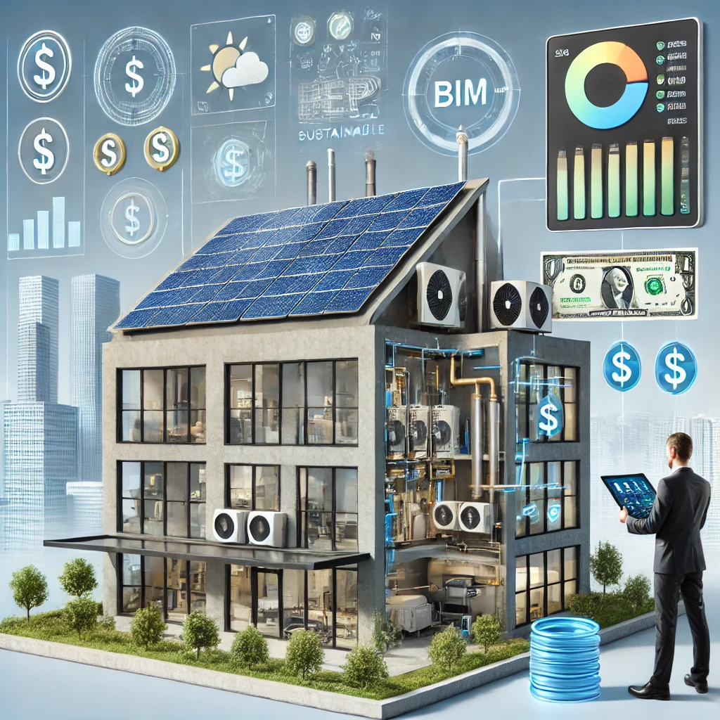 A modern building highlighting cost-effective sustainable MEP engineering strategies. Solar panels are on the roof, energy-efficient HVAC systems and LED lighting are integrated, and low-flow water fixtures are visible. An engineer holds a tablet displaying a BIM interface with real-time data on energy and cost savings.