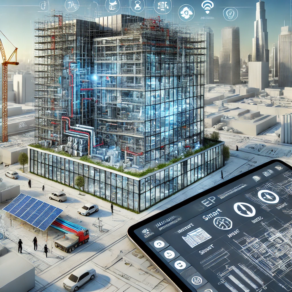 the image illustrating how Building Information Modeling (BIM) enhances MEP design, showcasing a modern building under construction with integrated MEP systems and digital interfaces.