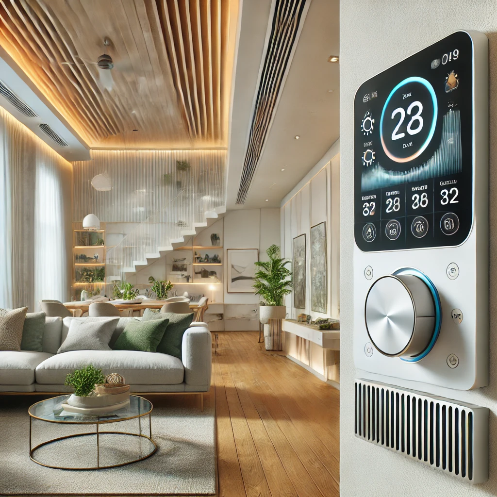 Modern home or office environment featuring a sleek thermostat on the wall displaying temperature control, humidity levels, and air quality indicators. Vents in the ceiling and walls distribute clean, climate-controlled air.