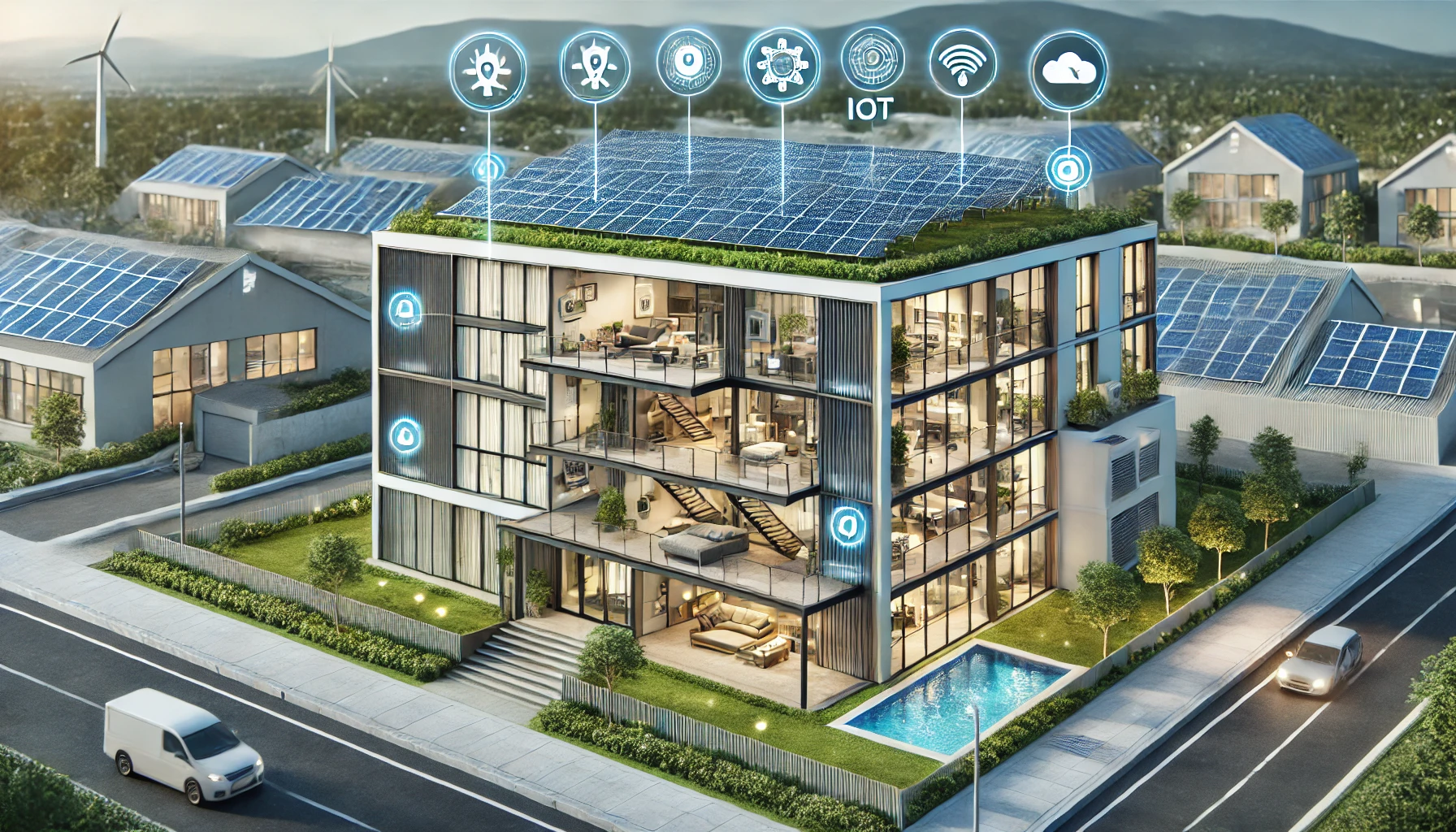 A modern smart building with solar panels on the roof, surrounded by green landscaping, featuring advanced HVAC systems, smart lighting, and IoT devices