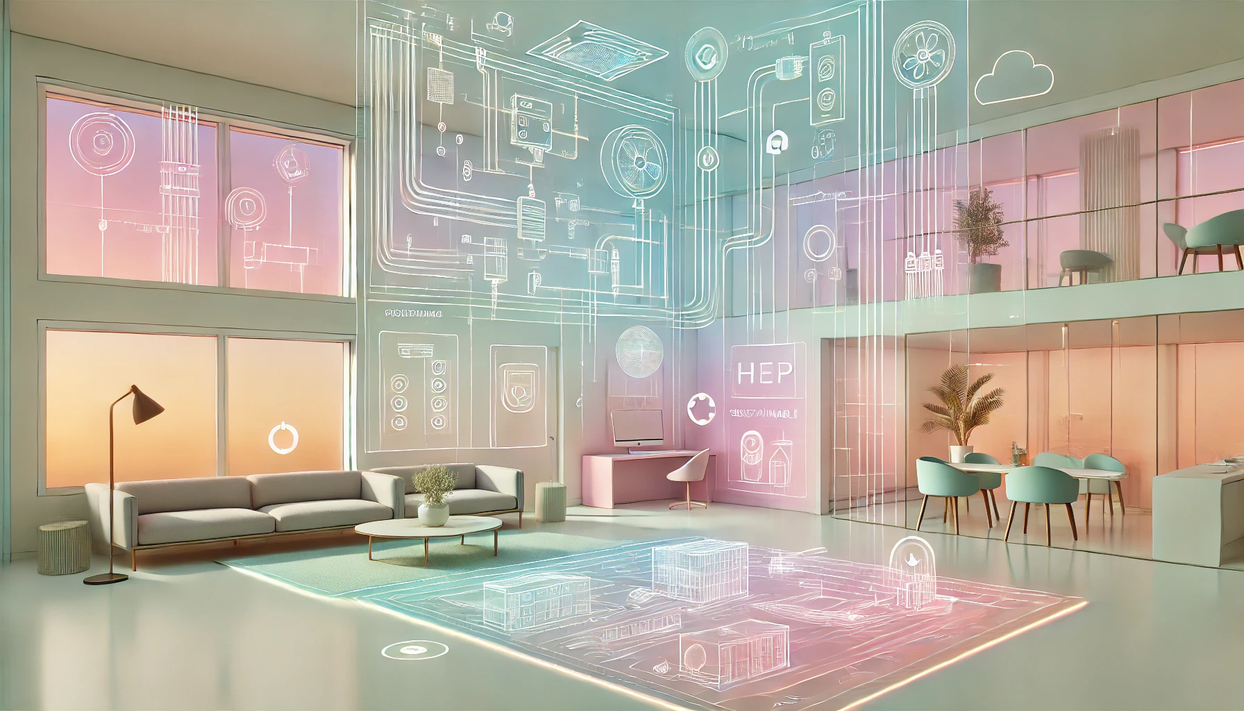 A serene pastel-toned illustration showcasing futuristic MEP engineering in a modern setting. The image features a sleek office space in soft lavender, mint green, and peach tones, with simplified smart HVAC systems and adaptive lighting. Adjacent is a tranquil hospitality lounge with sustainable plumbing and energy-efficient systems. 