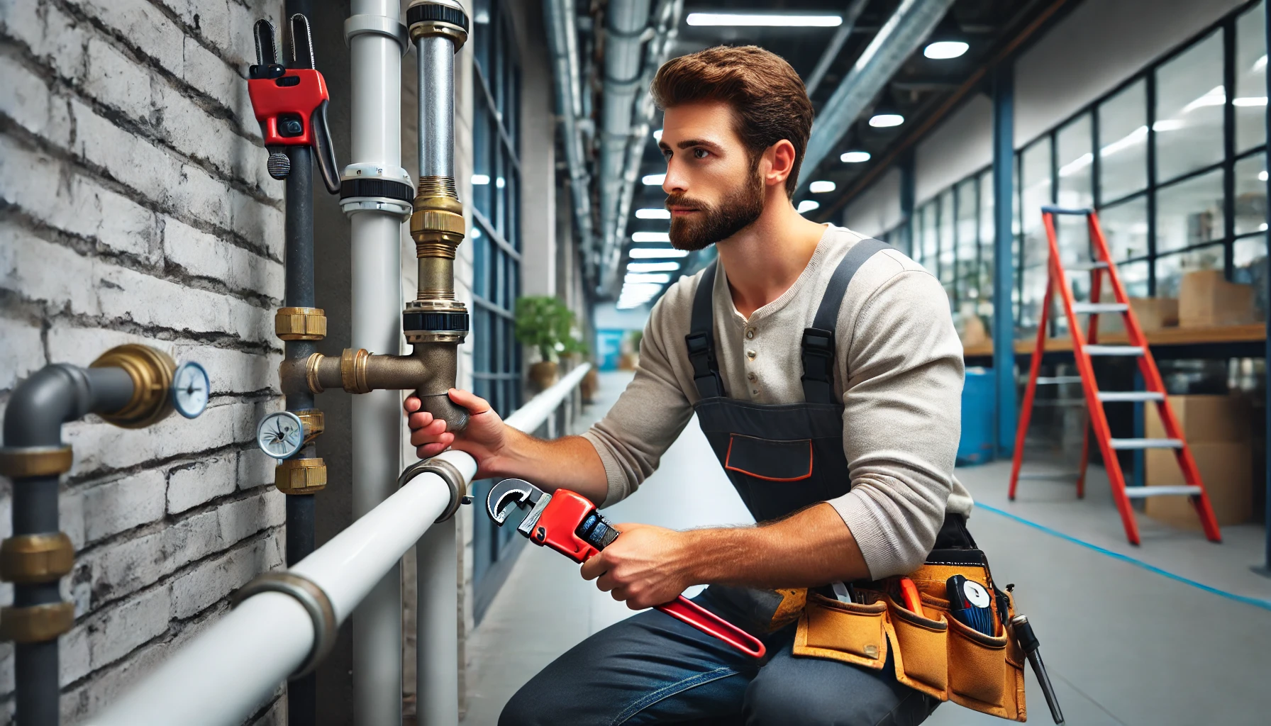 Professional plumber inspecting and repairing a pipe in a commercial building, demonstrating maintenance work with tools and equipment.