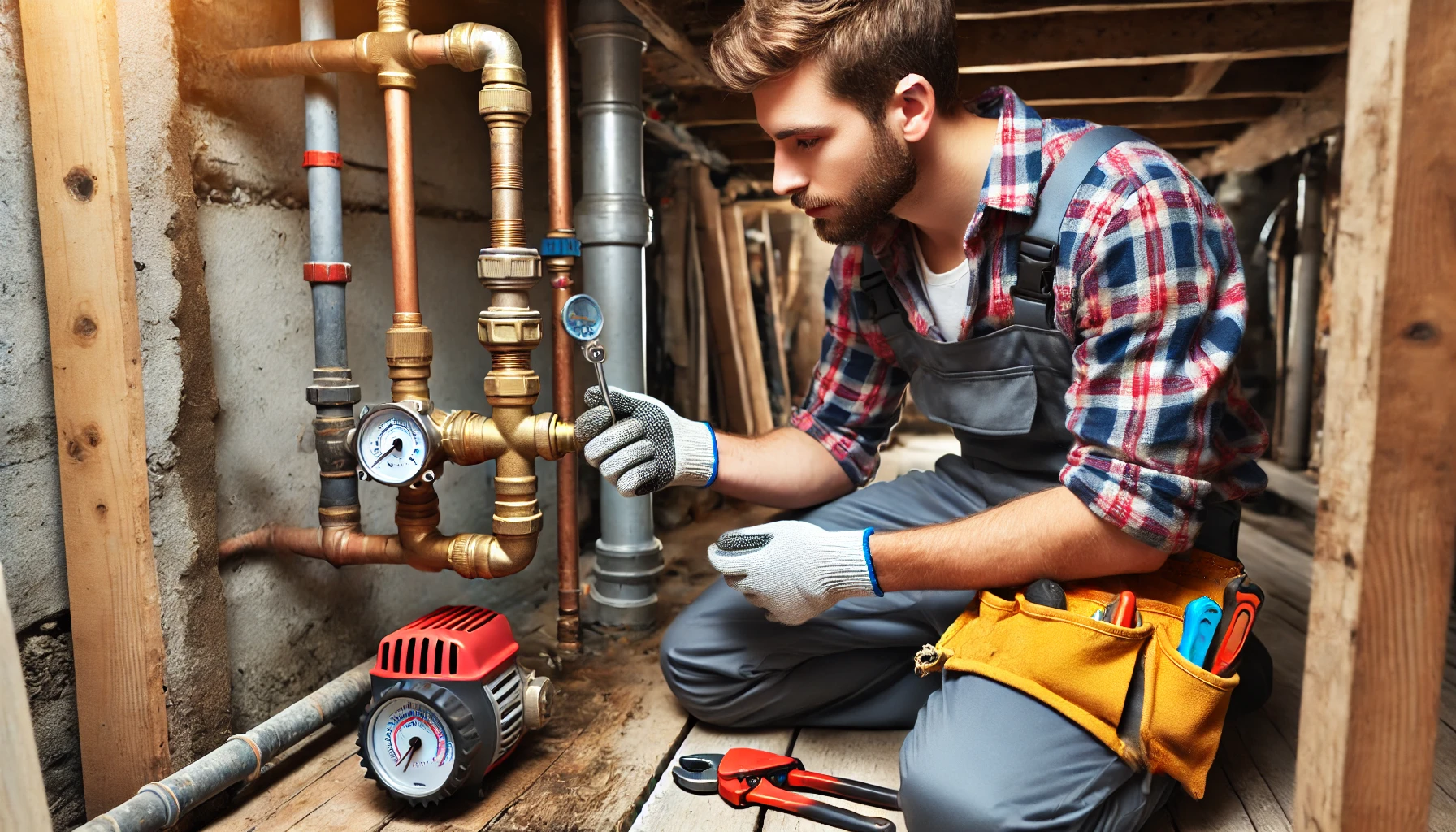 Professional plumber repairing a leaking pipe and checking the water pressure regulator in a residential basement, wearing safety gear and using professional tools.