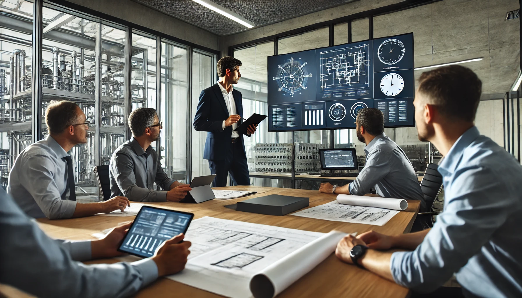 Project manager coordinating with engineers in a meeting room, reviewing blueprints and digital project plans on a large screen.