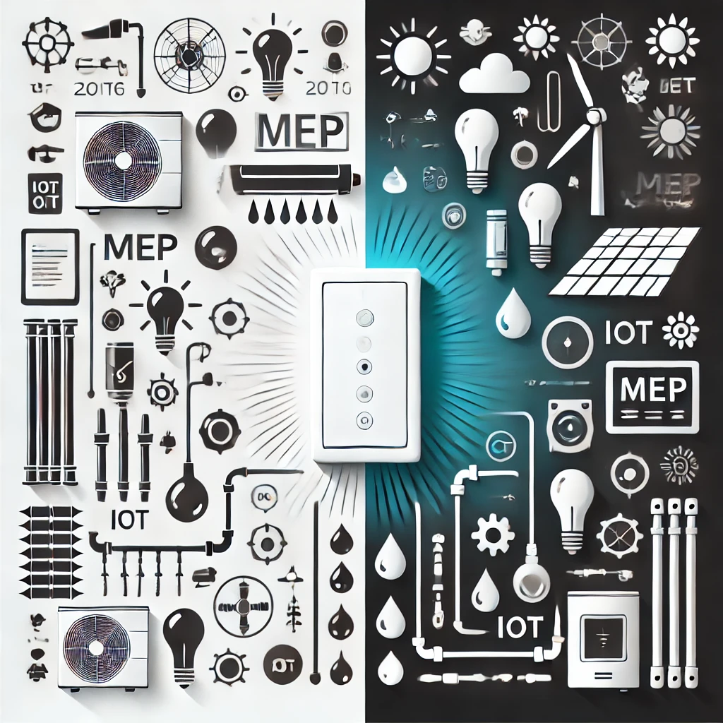 A vertically divided image showcasing the evolution of MEP technologies. The left side is in black and white, representing traditional MEP systems such as basic HVAC units, standard lighting, and plumbing. The right side is in color, highlighting advanced technologies like smart HVAC systems, IoT-connected sensors, and solar panels. 