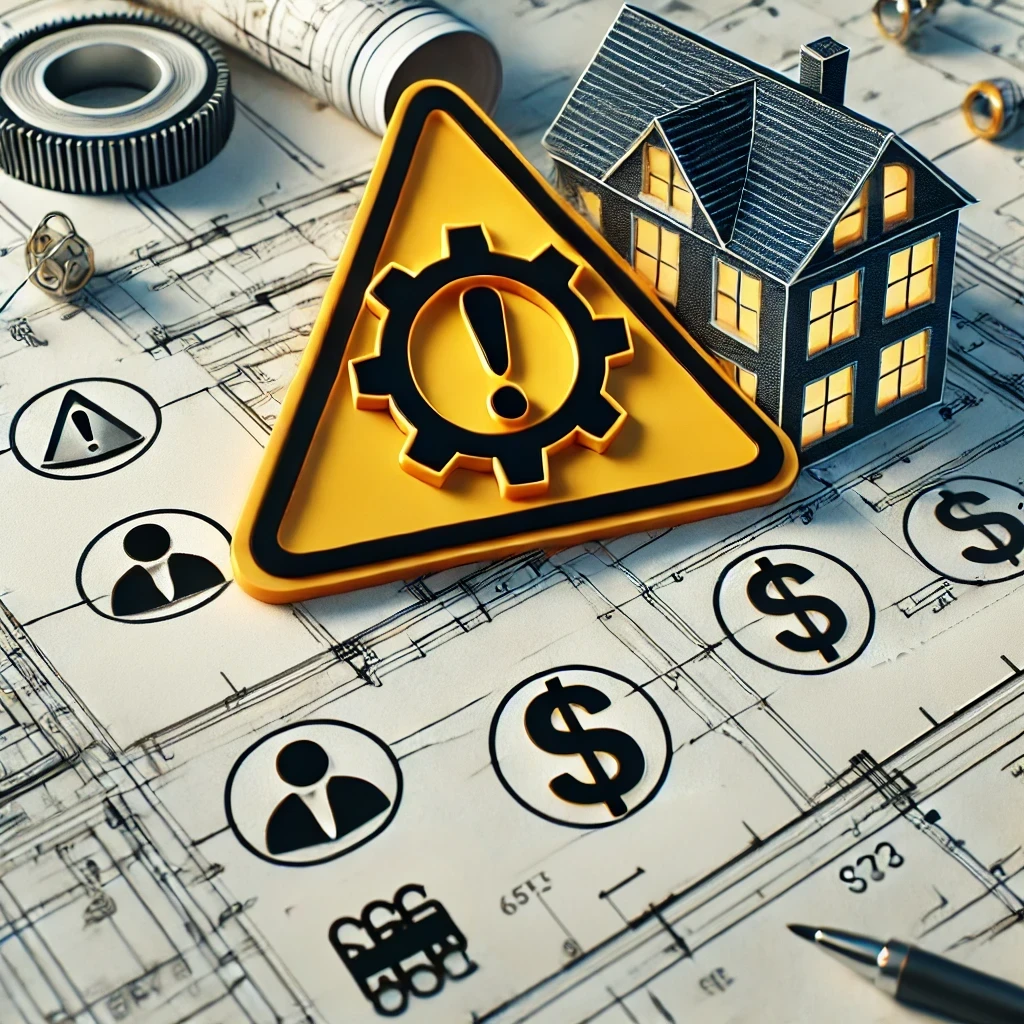 A warning sign placed over a blueprint of a building. The blueprint background features technical lines and measurements of the planned structure. On top of it are four bold symbols representing construction risks: a broken gear (system failures), an exclamation mark over a document (code non-compliance), two disconnected figures (coordination issues), and a dollar sign with an upward arrow (unexpected costs).