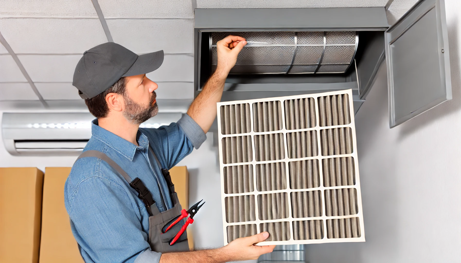 HVAC technician changing an air filter in an office HVAC system to improve air quality