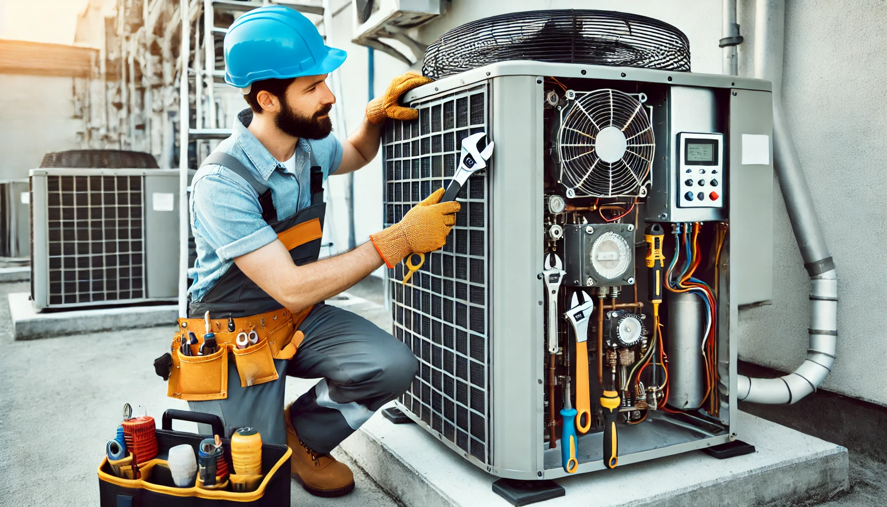 HVAC technician inspecting an outdoor air conditioning unit, illustrating professional maintenance and repair work