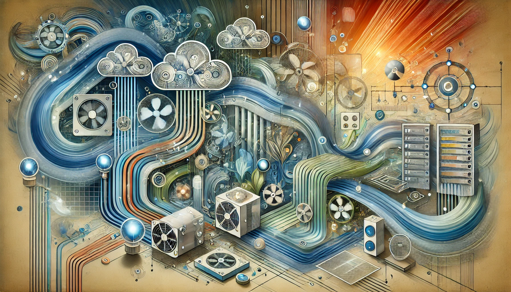 n abstract artistic representation of a productive work environment integrating HVAC systems and technology. Flowing lines and patterns symbolize air circulation, with glowing nodes representing smart HVAC elements like vents, digital thermostats, and air quality sensors. Additional elements include stylized wires and computer-inspired shapes, highlighting technological connectivity. 