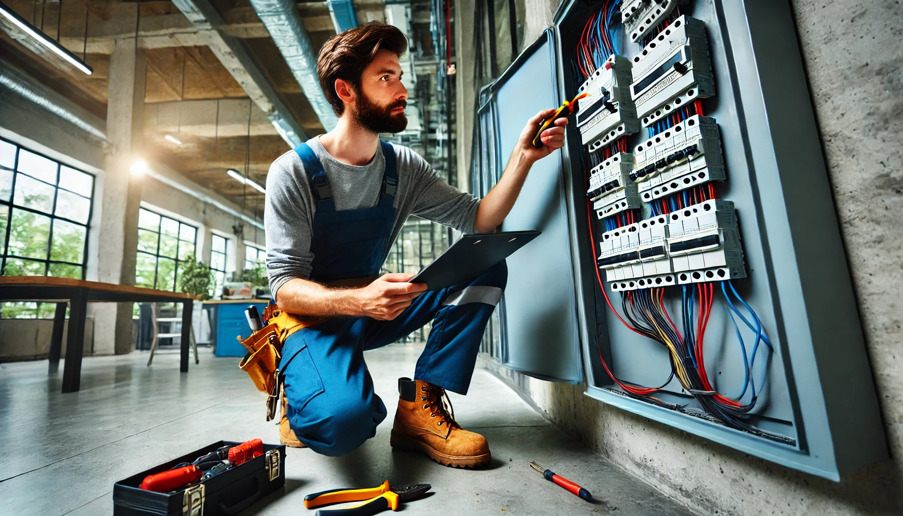 Electrician inspecting and upgrading an electrical panel in a commercial building, demonstrating the importance of regular maintenance and system upgrade