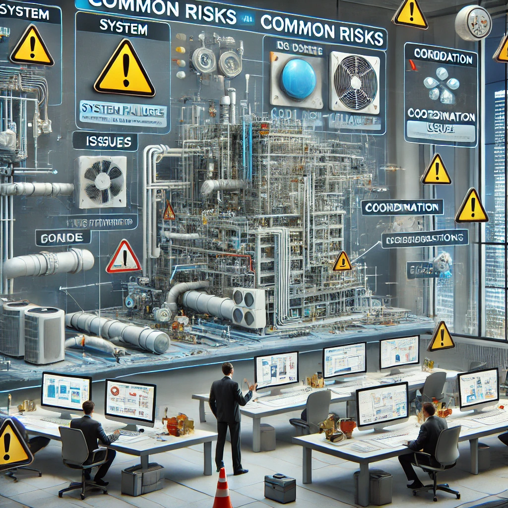 The image depicting common risks in MEP engineering, including system failures, code non-compliance, coordination issues, and unexpected costs.