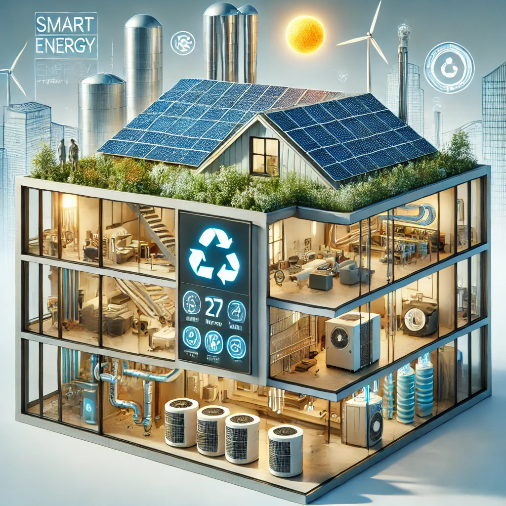 An HVAC system integrated with renewable energy sources in a modern building. The image shows solar panels on the roof providing power to the system, geothermal heat pumps, and energy recovery ventilation. Smart technology controls are visible, managing energy flow for heating, cooling, and ventilation.