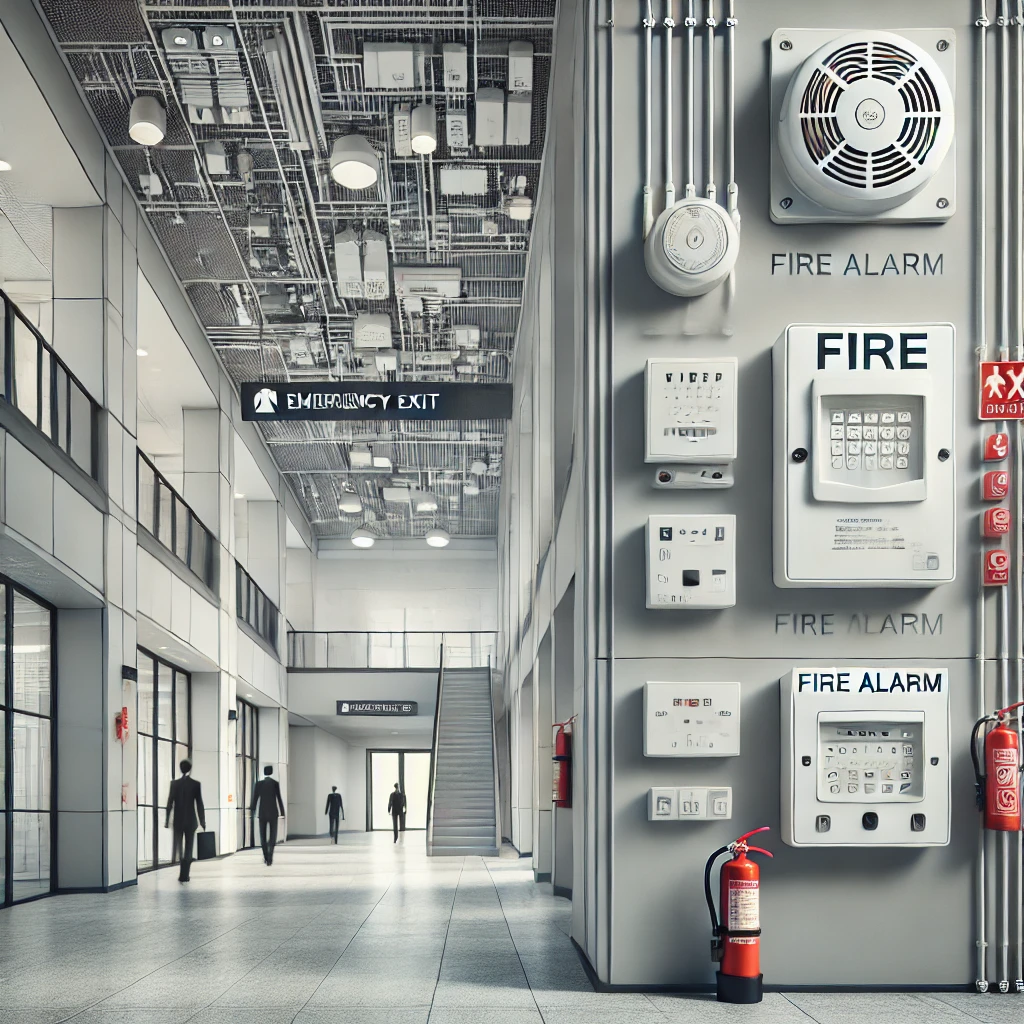 An interior view of a modern building, highlighting a fire alarm system integrated into the infrastructure. The image shows wall-mounted fire alarms, a fire alarm control panel, ceiling-mounted smoke detectors, and illuminated emergency exit signs.