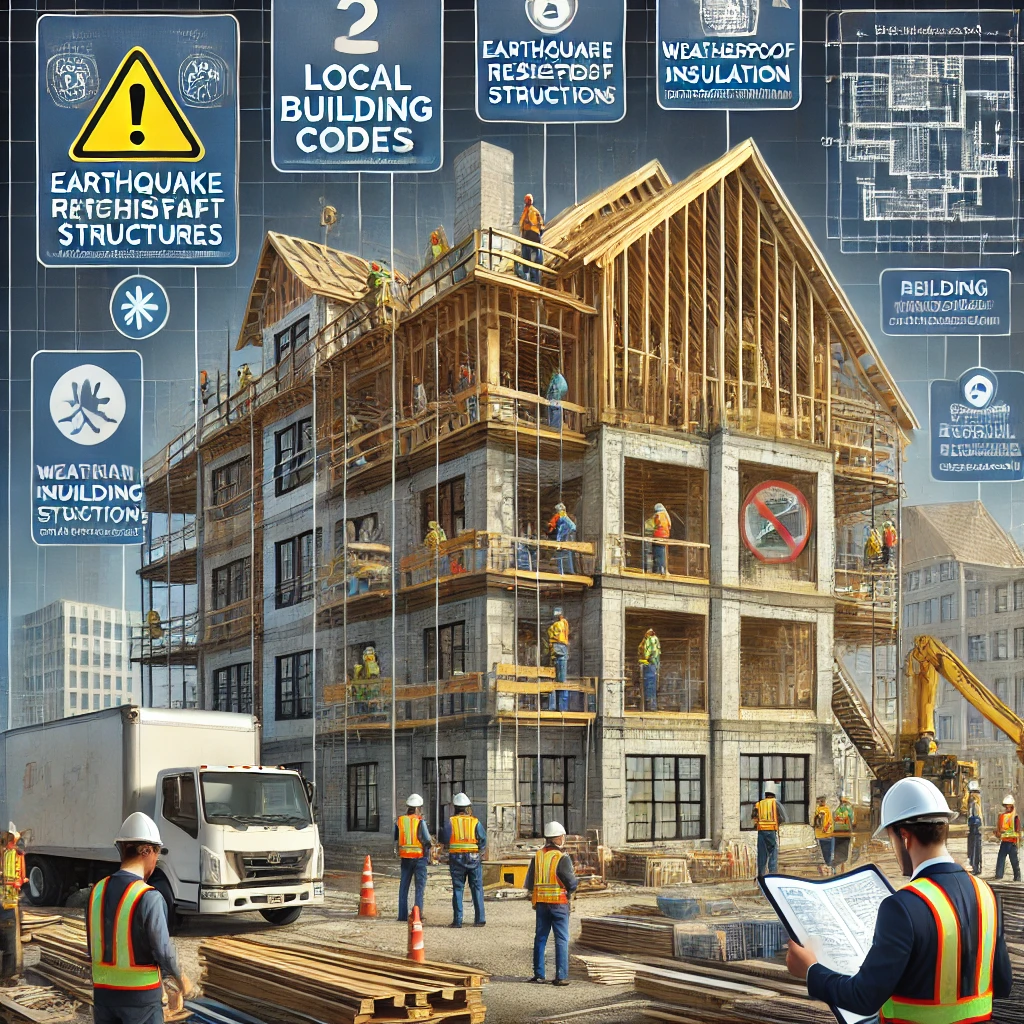 Image showing a building under construction, with workers and engineers ensuring compliance with local building codes. The scene highlights earthquake-resistant structures, weatherproof insulation, and properly installed HVAC, electrical, and plumbing systems. Engineers review digital building plans on tablets, while labels emphasize regional building codes and safety standards specific to the location.