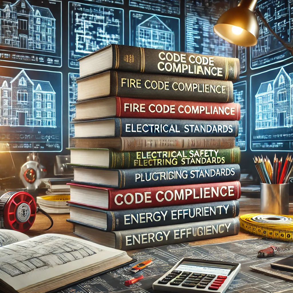 Image of various code compliance books and manuals on a desk, labeled with titles such as 'Fire Code Compliance,' 'Electrical Safety Standards,' 'Plumbing Regulations,' and 'Energy Efficiency Guidelines.' Engineers or architects are seen reviewing the books, with digital screens in the background showing building plans. 