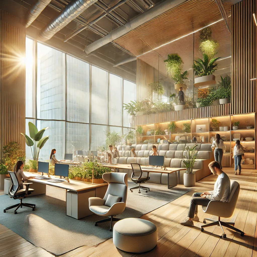 Interior of a modern office designed for comfort and well-being. The space features large windows with abundant natural light, ergonomic furniture including standing desks and lounge chairs, and indoor plants. People are working and relaxing in a calm, soothing environment with soft lighting and a neutral color palette.