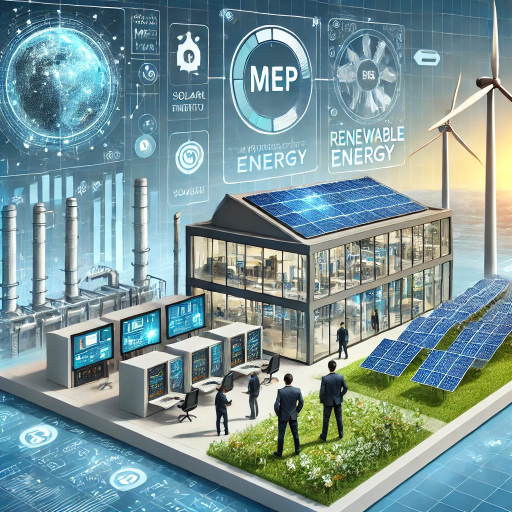 An image representing the intersection of MEP engineering and renewable energy integration, showcasing how renewable sources like solar and wind are integrated into building systems.