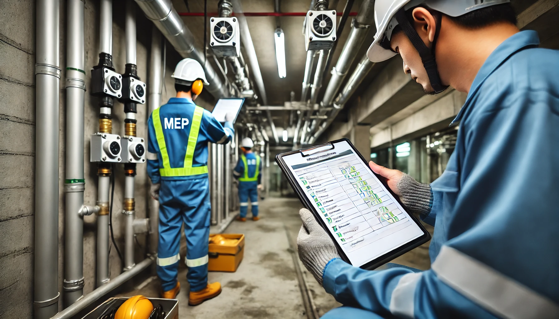 MEP engineers conducting an on-site inspection, checking installations for compliance with electrical and plumbing codes, using tablets and checklists