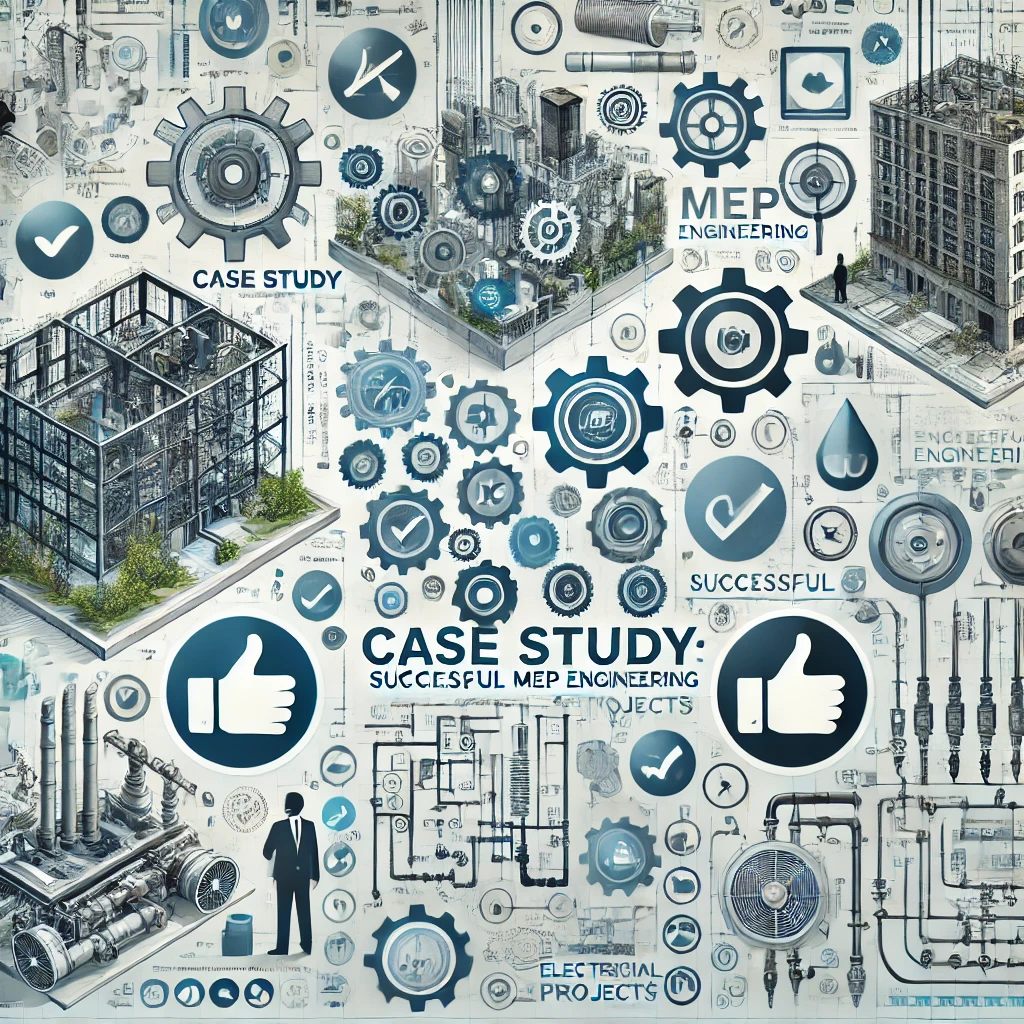 Collage of MEP engineering projects, including HVAC installations, electrical layouts, and plumbing systems, with success icons.