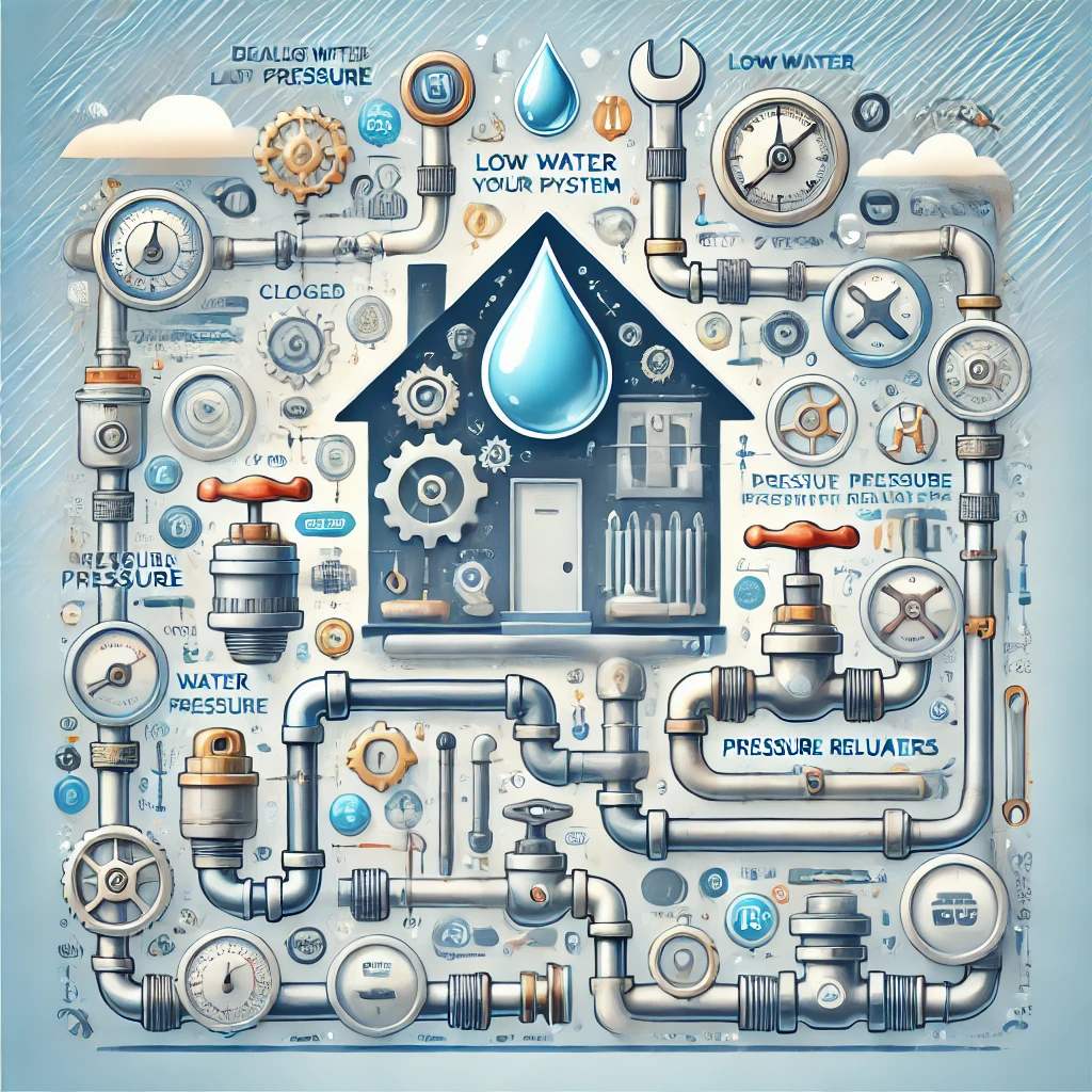 Home plumbing system highlighting low pressure areas, such as clogged pipes and faulty valves, with repair icons