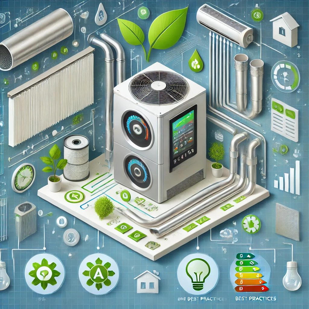 Modern HVAC system with components labeled for energy efficiency, including air ducts, filters, and thermostats, with energy-saving icons