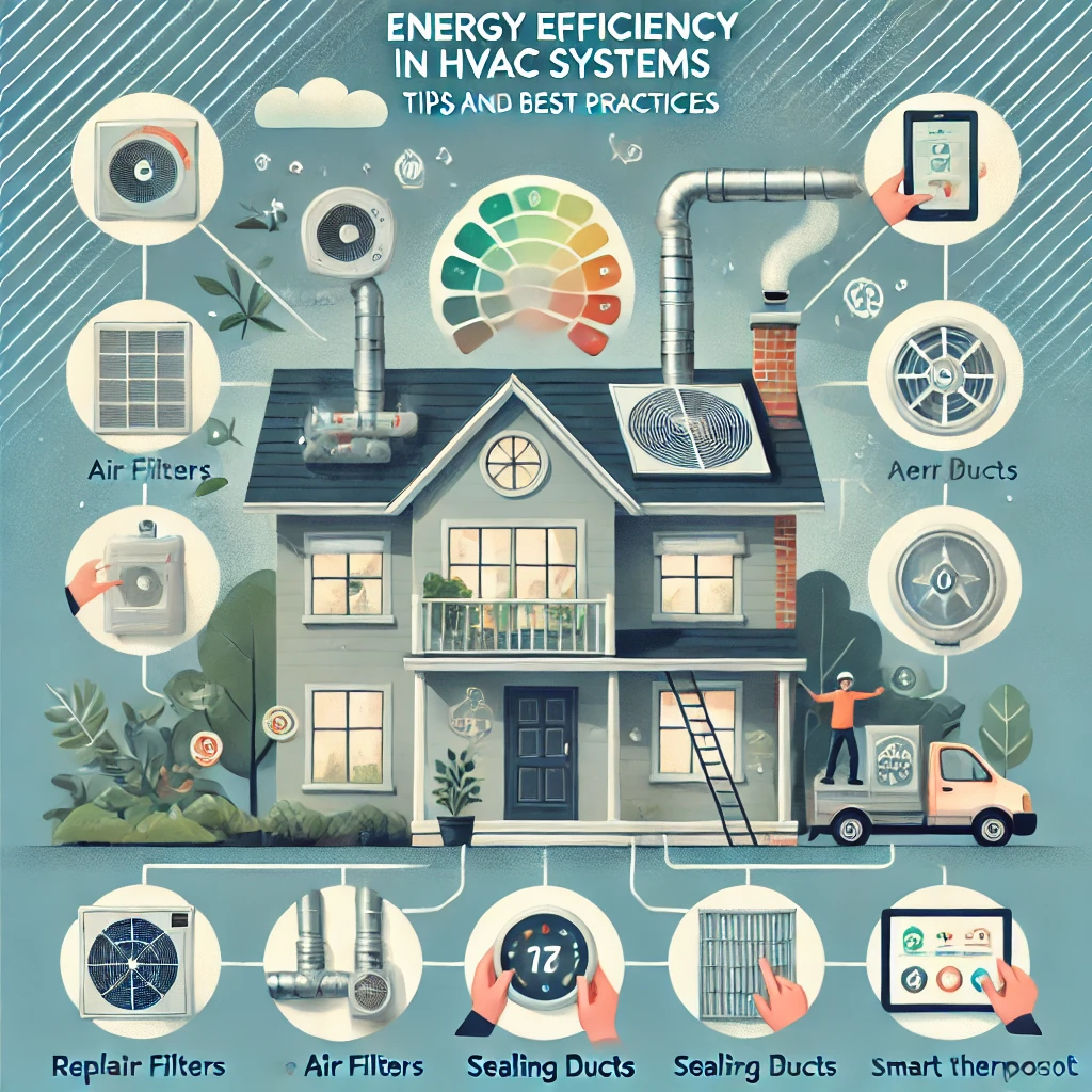 Energy-efficient home showing HVAC maintenance tasks like replacing filters, sealing ducts, and installing a smart thermostat.