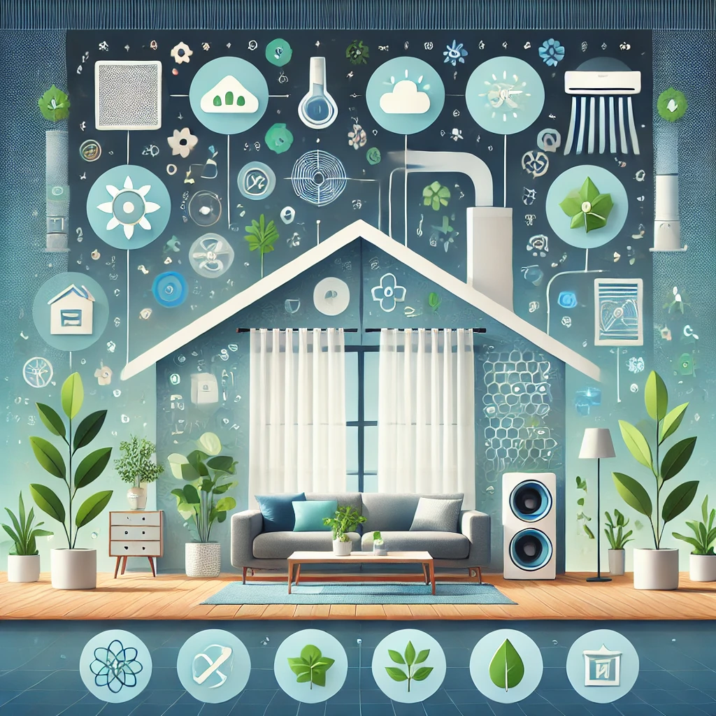 Home interior with tips for improving air quality, including air purifiers, HVAC maintenance, and indoor plants.