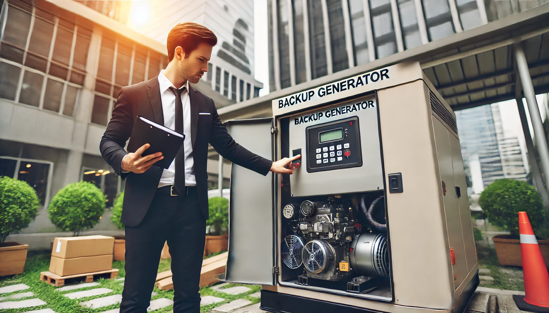 Business owner inspecting a backup generator to ensure it's ready for use during power outages, focusing on the generator's control panel and safety features in an outdoor setting near the office building.