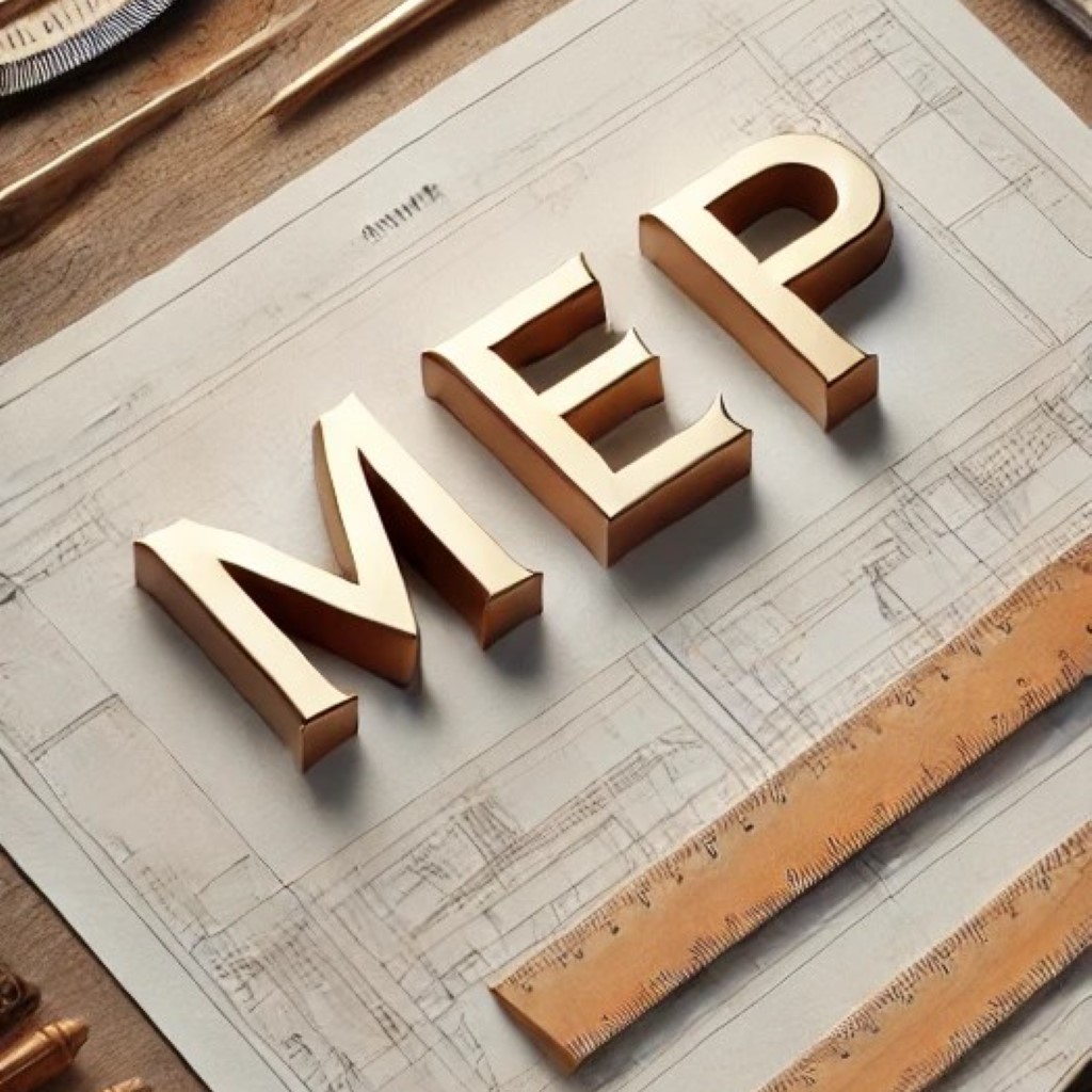 A clean, organized workspace featuring technical drawings and drafting tools such as rulers, a compass, and a pencil, all laid out on a wooden desk. In the center, the large metallic letters 'MEP' are displayed in gold, resting on a set of architectural blueprints