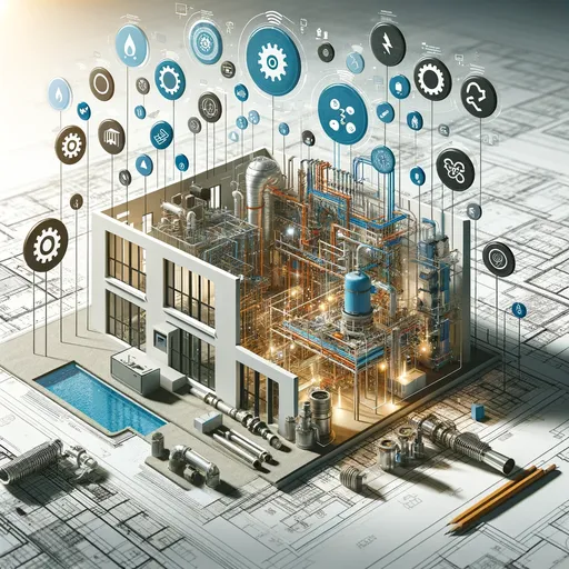 Modern construction site highlighting MEP components like HVAC systems, electrical wiring, and plumbing installations, emphasizing their importance in building design and functionality