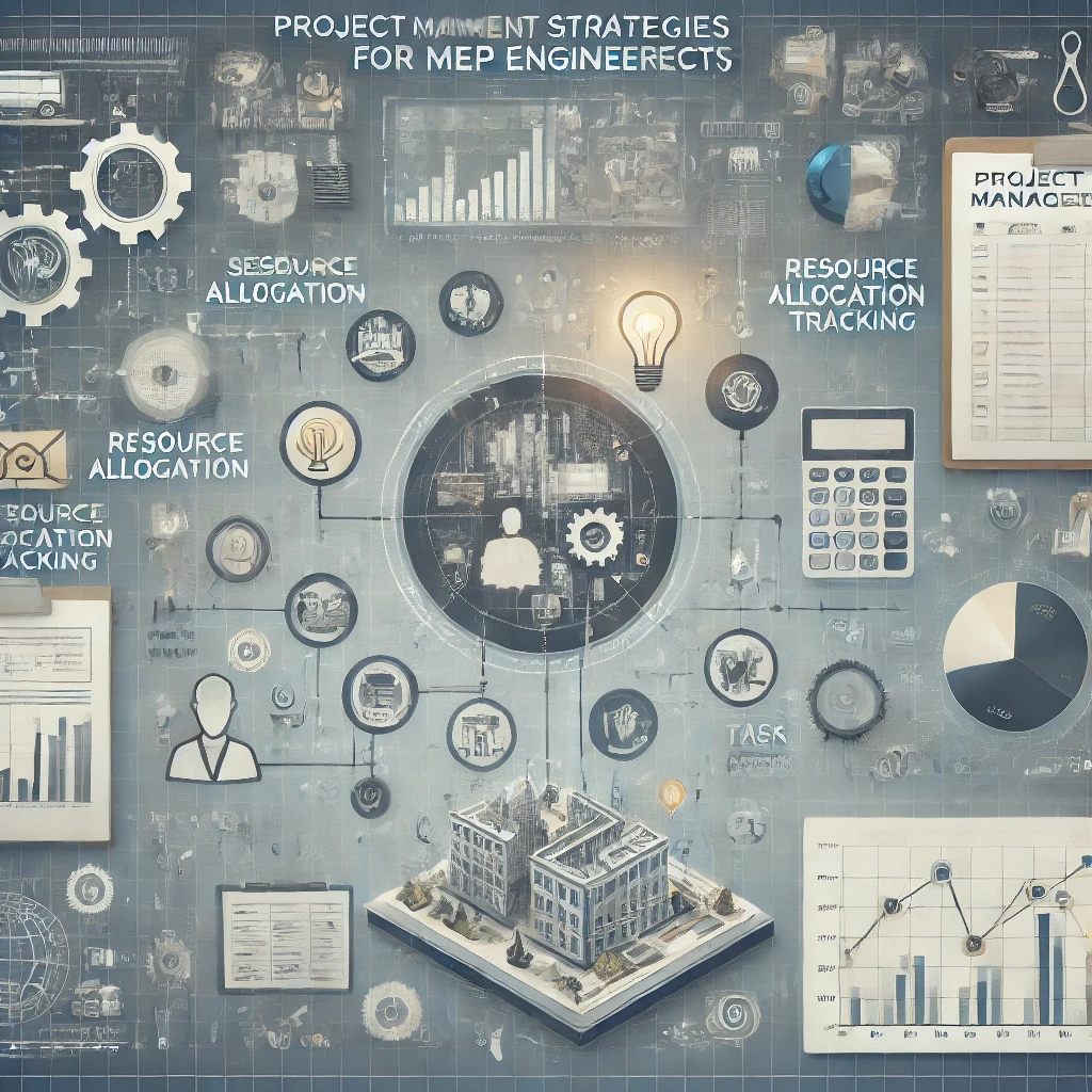 Project management dashboard with charts, timelines, and task lists for MEP engineering projects, with strategy icons like scheduling and real-time tracking.