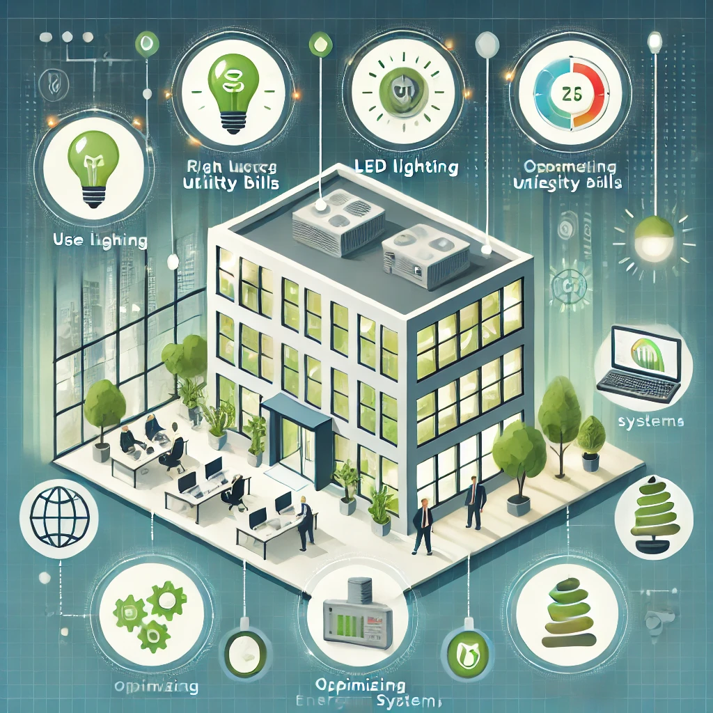 Commercial building with energy-saving tips highlighted, such as LED lighting, optimized HVAC systems, and energy management systems.